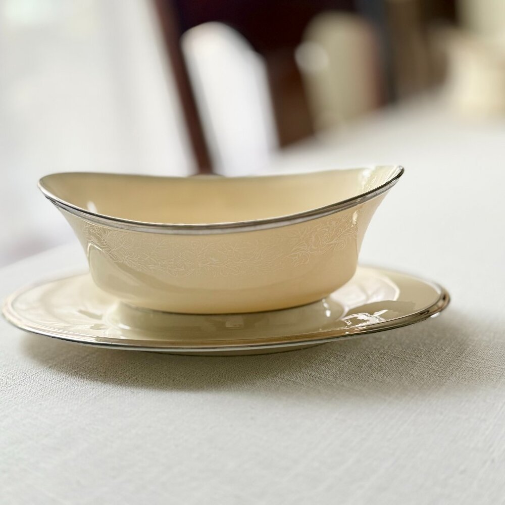 Rare Vintage Lenox Moonspun Gravy Boat | Attached Underplate | Fine Bone China